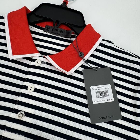 New Mens $120 G/FORE BOLD STRIPE Collared Tour Luxe Golf Polo Red White Blue - Picture 5 of 6